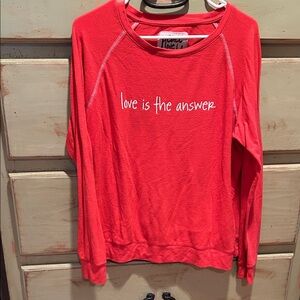 Peace Love World Red Long Sleeve Shirt with Love is the Answer Print. size M